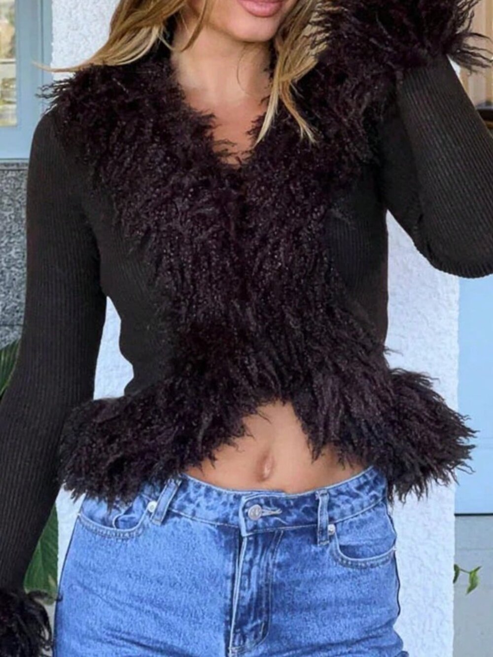 Coffee Brown Casual Women's Slim Furry Trim Rib-Knit Cardigan